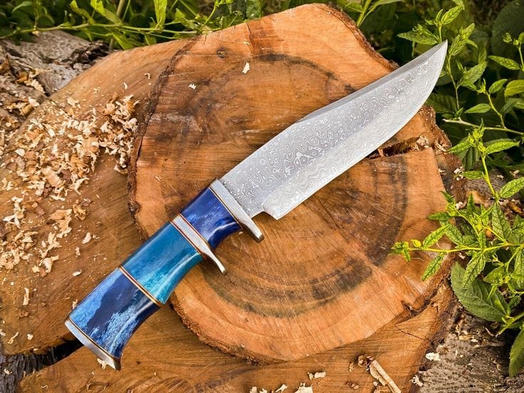 KBS Knives Store Bowie Knives 14-Inch Raindrops Damascus Steel Hunting Bowie Knife | Custom Handcrafted with Colored Bone Handle & Leather Sheath | KBS Knives