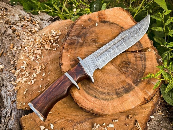 KBS Knives Store Bowie Knives 14-Inch Twist Damascus Steel Hunting Bowie Knife | Handcrafted with Rosewood Handle & Leather Sheath | KBS Knives