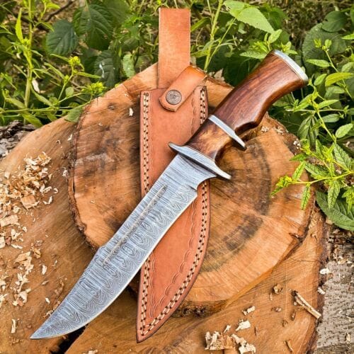 KBS Knives Store Bowie Knives 14-Inch Twist Damascus Steel Hunting Bowie Knife | Handcrafted with Rosewood Handle & Leather Sheath | KBS Knives