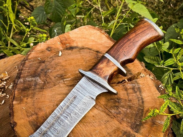 KBS Knives Store Bowie Knives 14-Inch Twist Damascus Steel Hunting Bowie Knife | Handcrafted with Rosewood Handle & Leather Sheath | KBS Knives