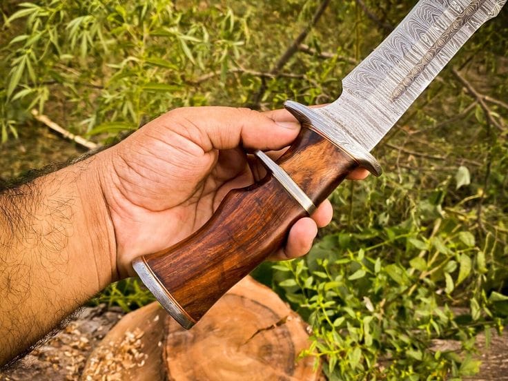 KBS Knives Store Bowie Knives 14-Inch Twist Damascus Steel Hunting Bowie Knife | Handcrafted with Rosewood Handle & Leather Sheath | KBS Knives