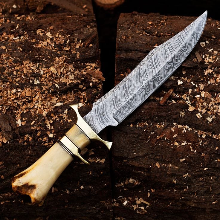 KBS Knives Store Bowie Knives 15-Inch Twist Damascus Steel Blade Custom Handcrafted Hunting Bowie Knife | 9.5-Inch Blade, Bone Handle, Brass & Damascus Finger Guards, Leather Sheath | KBS Knives