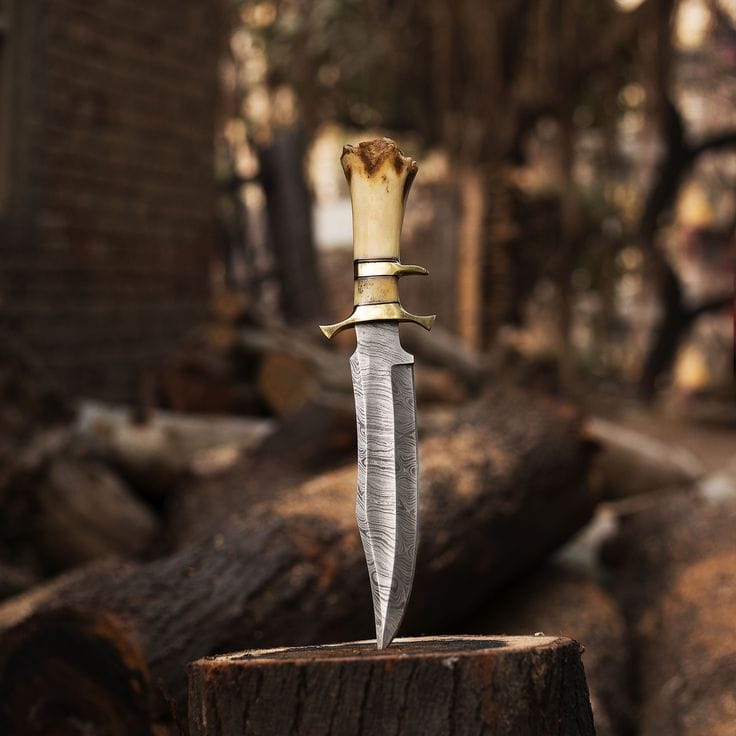 KBS Knives Store Bowie Knives 15-Inch Twist Damascus Steel Blade Custom Handcrafted Hunting Bowie Knife | 9.5-Inch Blade, Bone Handle, Brass & Damascus Finger Guards, Leather Sheath | KBS Knives