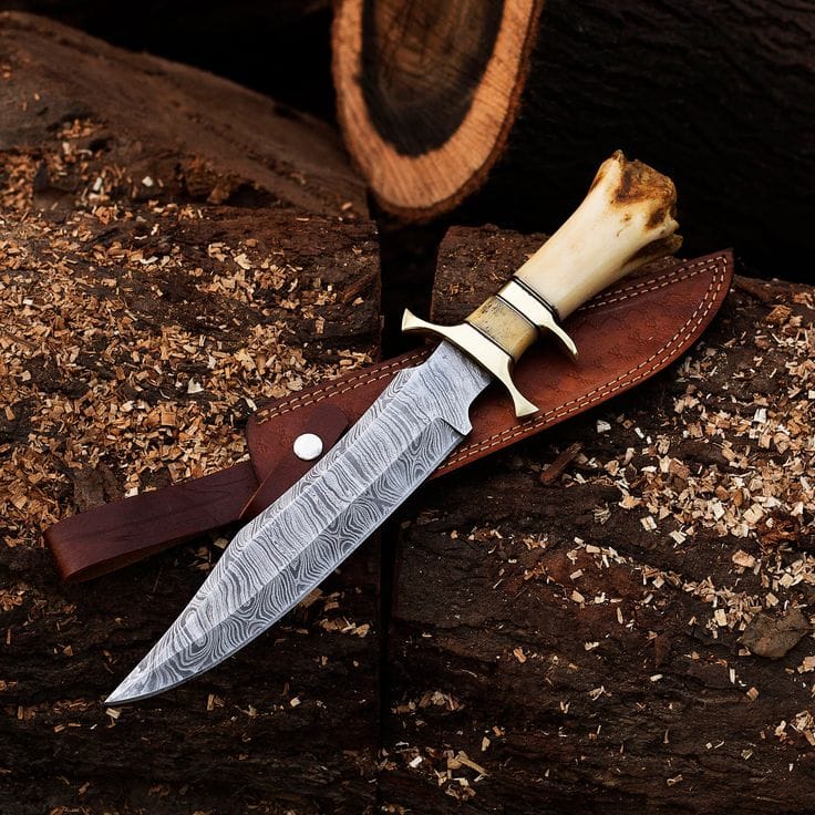 KBS Knives Store Bowie Knives 15-Inch Twist Damascus Steel Blade Custom Handcrafted Hunting Bowie Knife | 9.5-Inch Blade, Bone Handle, Brass & Damascus Finger Guards, Leather Sheath | KBS Knives