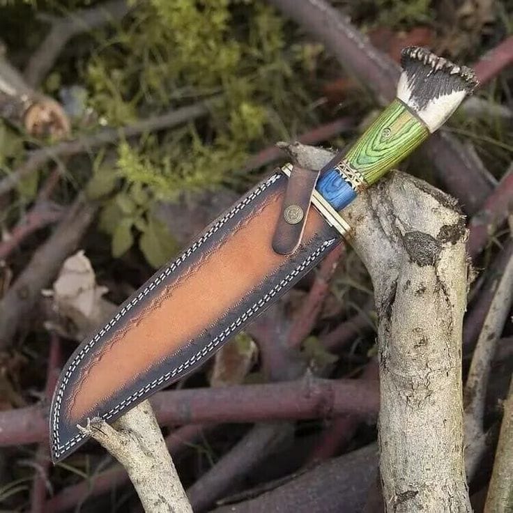 KBS Knives Store Bowie Knives Artisan's Edge: Custom Handmade Hunting Bowie Knife with D2 Steel Blade, Green and Blue Exotic Wood, Antler Horn Handle, Brass Guard, and Leather Sheath