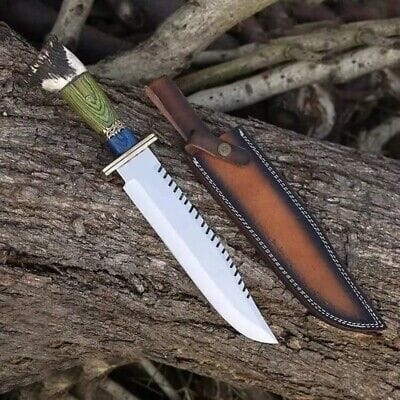 KBS Knives Store Bowie Knives Artisan's Edge: Custom Handmade Hunting Bowie Knife with D2 Steel Blade, Green and Blue Exotic Wood, Antler Horn Handle, Brass Guard, and Leather Sheath