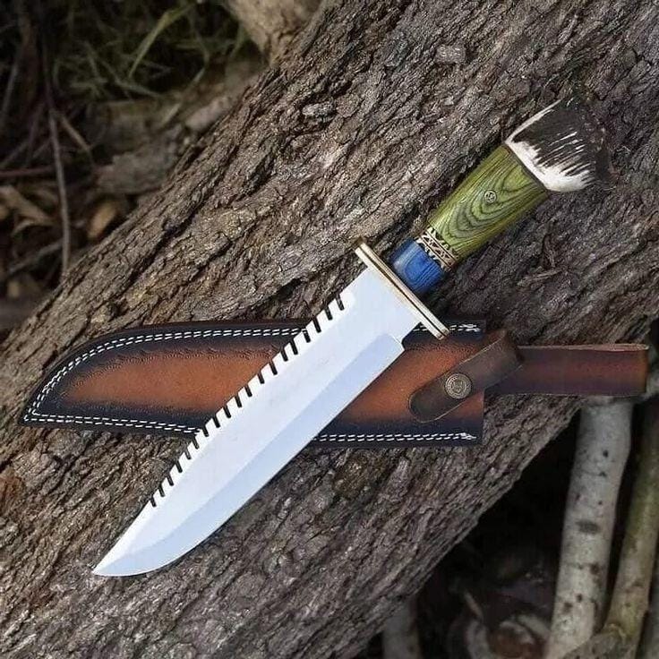 KBS Knives Store Bowie Knives Artisan's Edge: Custom Handmade Hunting Bowie Knife with D2 Steel Blade, Green and Blue Exotic Wood, Antler Horn Handle, Brass Guard, and Leather Sheath