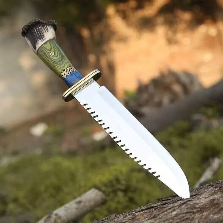 KBS Knives Store Bowie Knives Artisan's Edge: Custom Handmade Hunting Bowie Knife with D2 Steel Blade, Green and Blue Exotic Wood, Antler Horn Handle, Brass Guard, and Leather Sheath