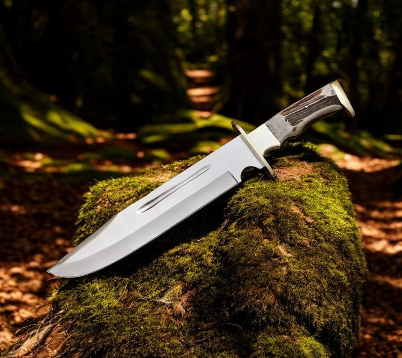 KBS Knives Store Bowie Knives Bowie Knife With Antler Handles – 14.5" D2 Steel Blade With Blood Groove & Pakka Wood Handle