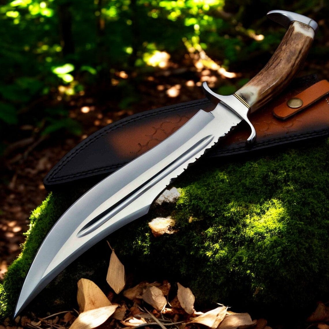 KBS Knives Store Bowie Knives Bowie Knife With Antler Handles – 14" D2 Steel Blade With Blood Groove & Antler Handle