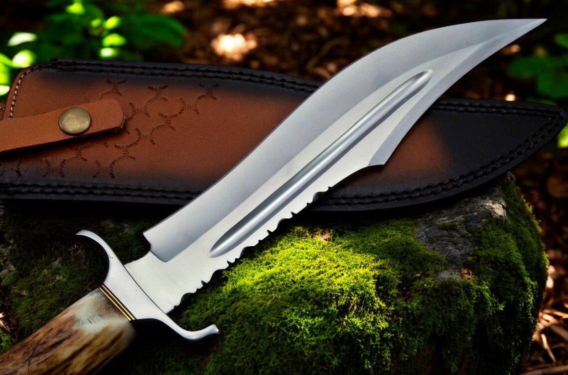 KBS Knives Store Bowie Knives Bowie Knife With Antler Handles – 14" D2 Steel Blade With Blood Groove & Antler Handle