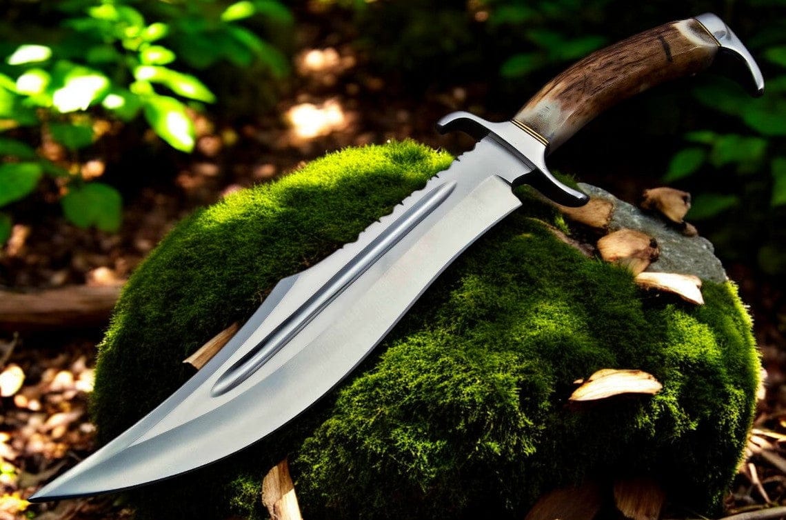 KBS Knives Store Bowie Knives Bowie Knife With Antler Handles – 14" D2 Steel Blade With Blood Groove & Antler Handle