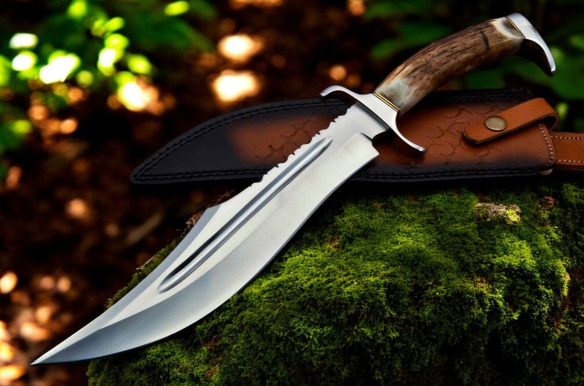 KBS Knives Store Bowie Knives Bowie Knife With Antler Handles – 14" D2 Steel Blade With Blood Groove & Antler Handle