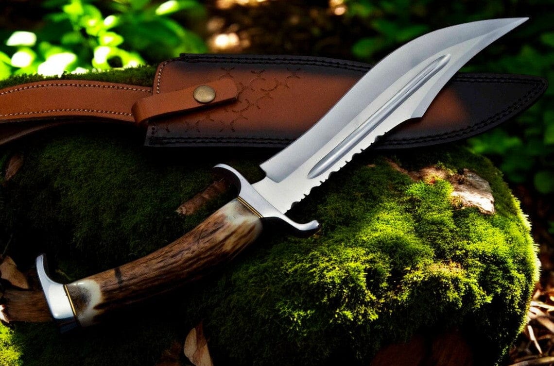 KBS Knives Store Bowie Knives Bowie Knife With Antler Handles – 14" D2 Steel Blade With Blood Groove & Antler Handle