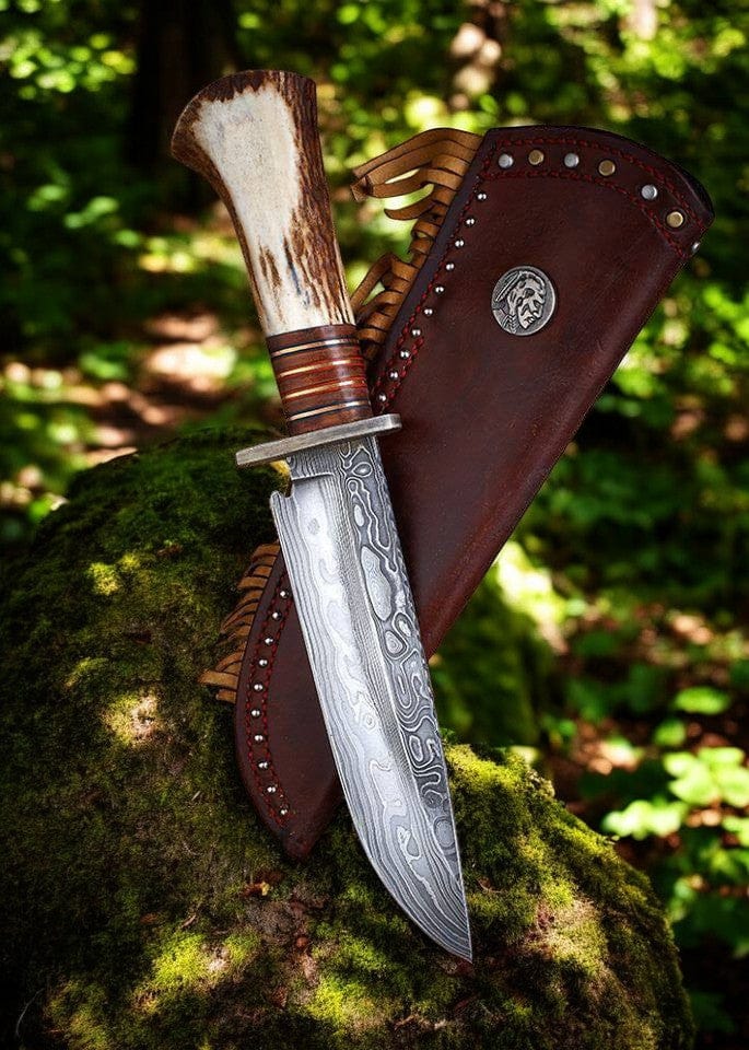 KBS Knives Store Bowie Knives Classic Bowie Knife - 8" Damascus Steel with Antler Horn & Rosewood Handle