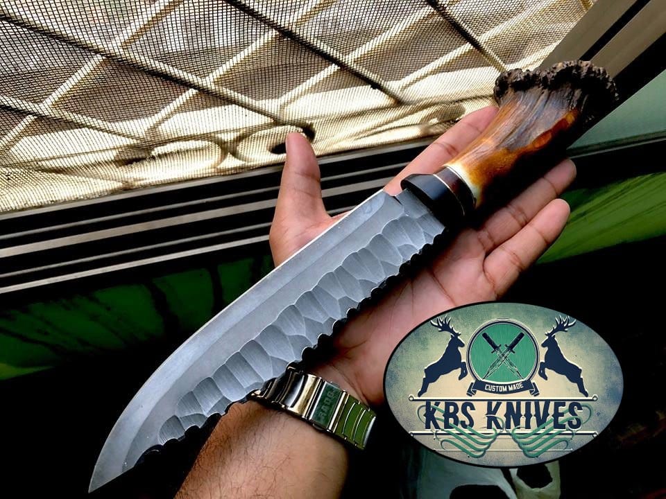 KBS Knives Store Bowie Knives Classic Viking Hunting Bowie Knife - Custom Handcrafted 1095 Hand Forged Steel Blade, Stag Crown, Buffalo Horn & Rosewood Handle with Brass Spacers, 13" Overall Length | Leather Sheath | KBS Knives