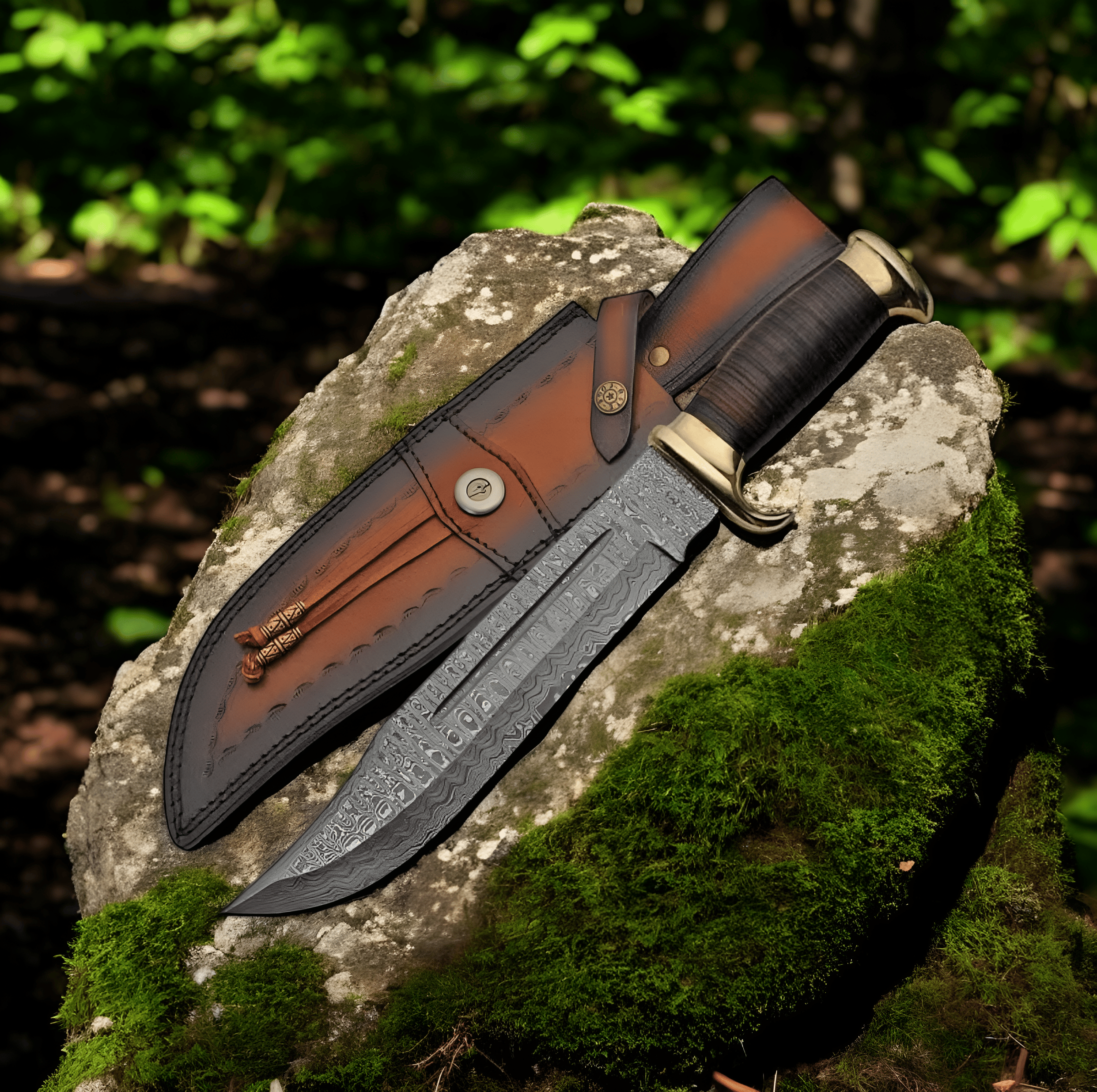 KBS Knives Store Bowie Knives Crocodile Dundee’s Knife – 16" Damascus Bowie with Leather Sheath