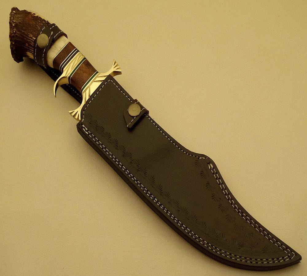 KBS Knives Store Bowie Knives Custom Handcrafted Bowie Knife - Damascus Steel Blade, Rosewood Handle with Brass Double Guard & Stag Crown, 15" Overall Length | Leather Sheath | KBS Knives