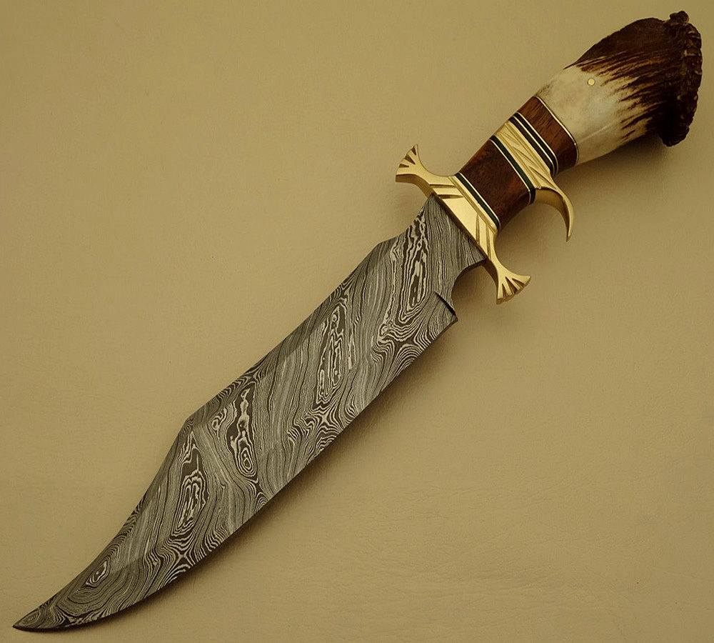 KBS Knives Store Bowie Knives Custom Handcrafted Bowie Knife - Damascus Steel Blade, Rosewood Handle with Brass Double Guard & Stag Crown, 15" Overall Length | Leather Sheath | KBS Knives