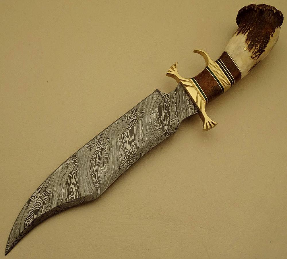 KBS Knives Store Bowie Knives Custom Handcrafted Bowie Knife - Damascus Steel Blade, Rosewood Handle with Brass Double Guard & Stag Crown, 15" Overall Length | Leather Sheath | KBS Knives
