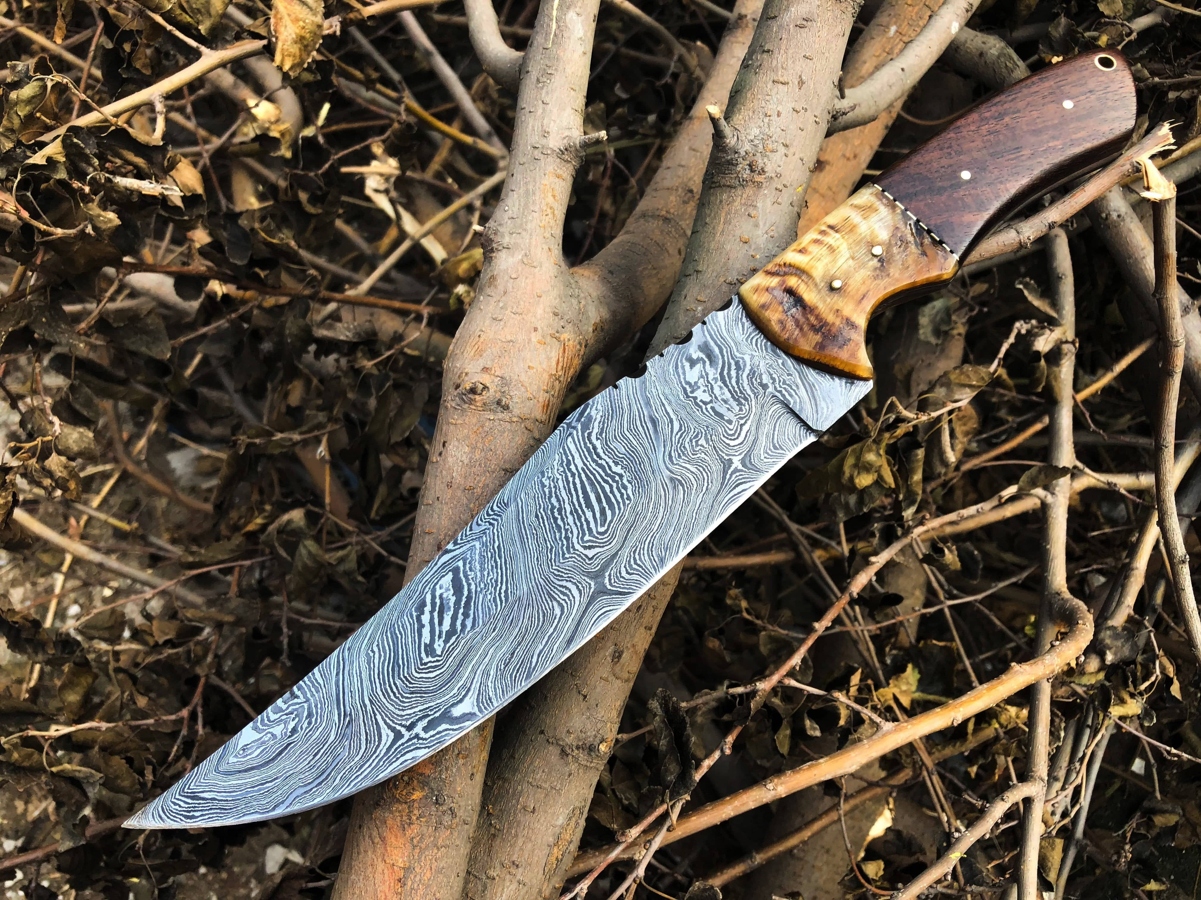 KBS Knives Store Bowie Knives Custom Handcrafted Damascus Steel Hunting Bowie Knife with Rosewood & Sheep Horn Handle – 13-Inch Blade for Sale by KBS Knives