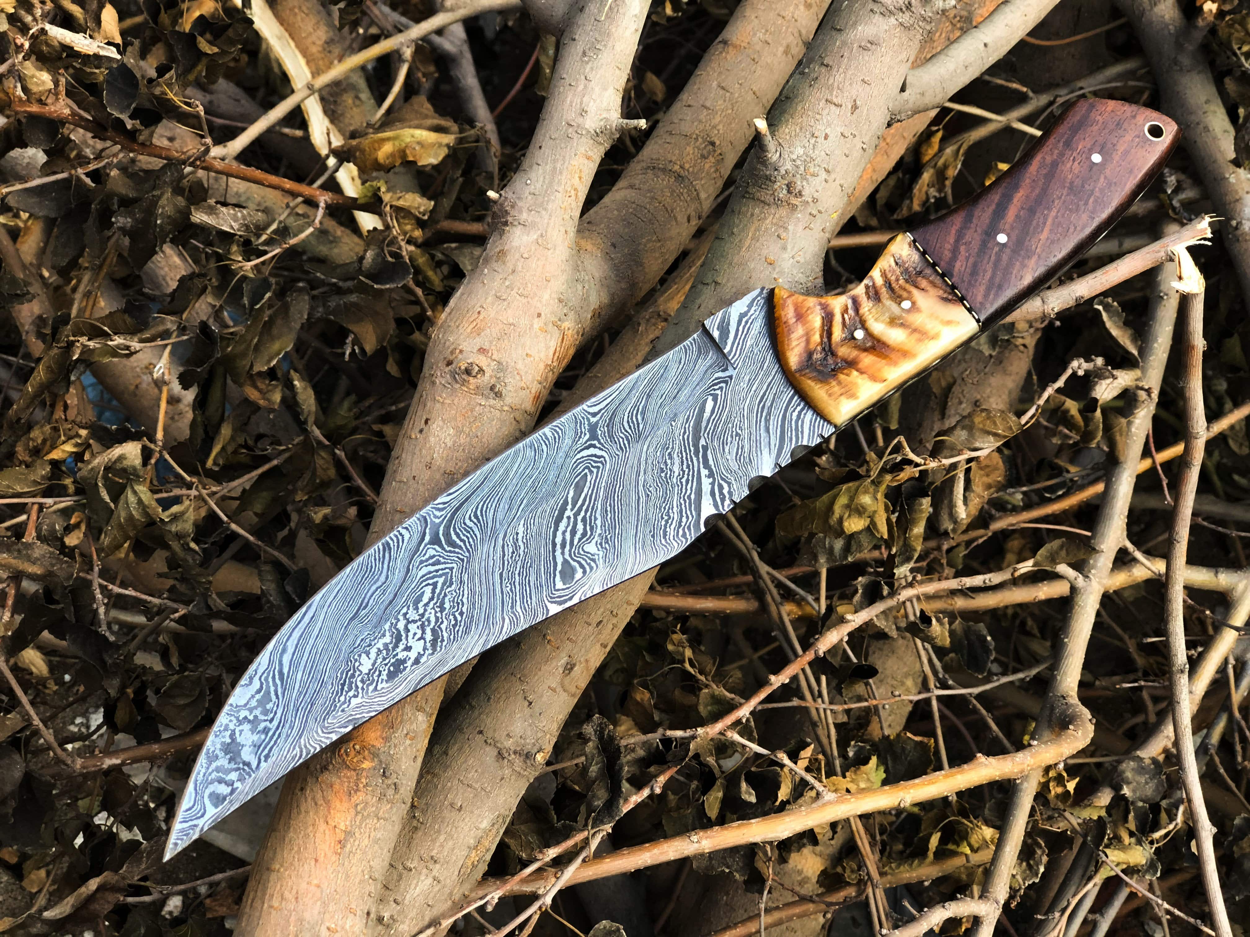 KBS Knives Store Bowie Knives Custom Handcrafted Damascus Steel Hunting Bowie Knife with Rosewood & Sheep Horn Handle – 13-Inch Blade for Sale by KBS Knives