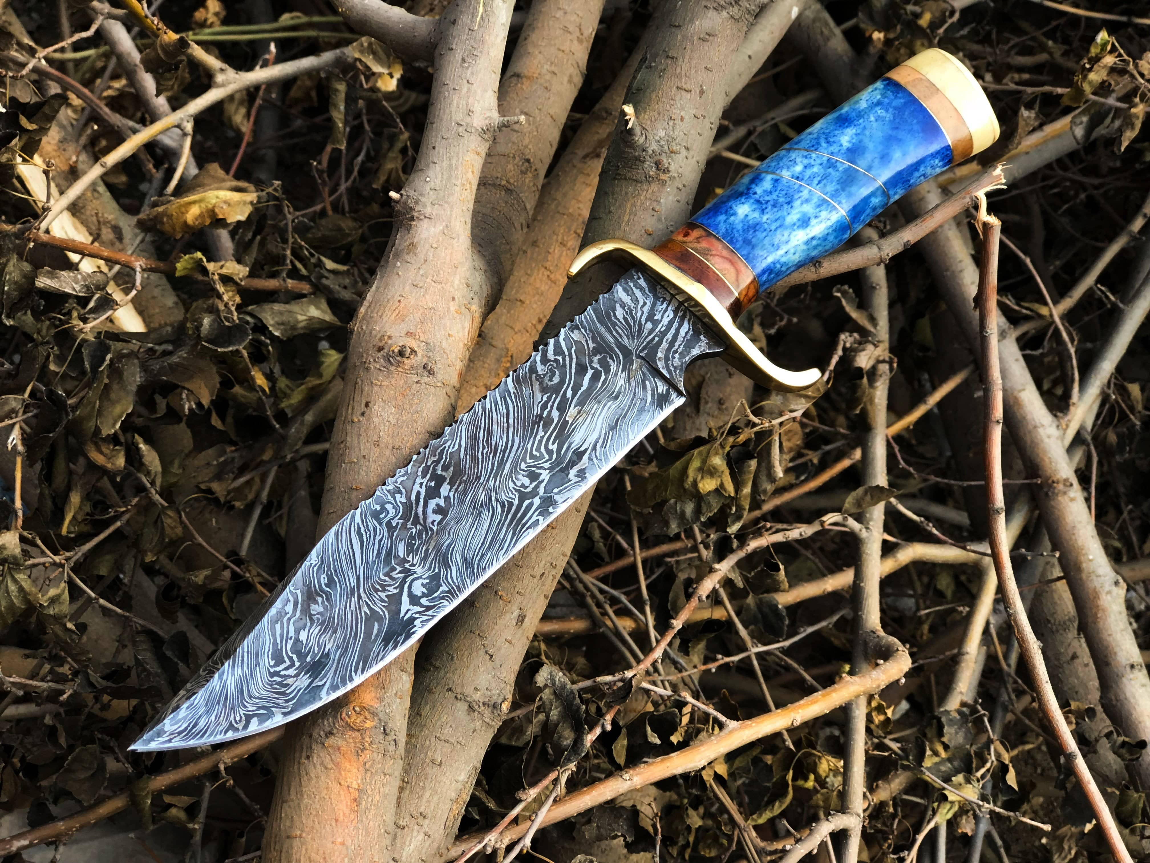 KBS Knives Store Bowie Knives Custom Handcrafted Fire Pattern Damascus Steel Bowie Knife – Buffalo Horn & Olive Wood Handle with Leather Sheath | 13-Inch, Perfect for Hunting – KBS Knives