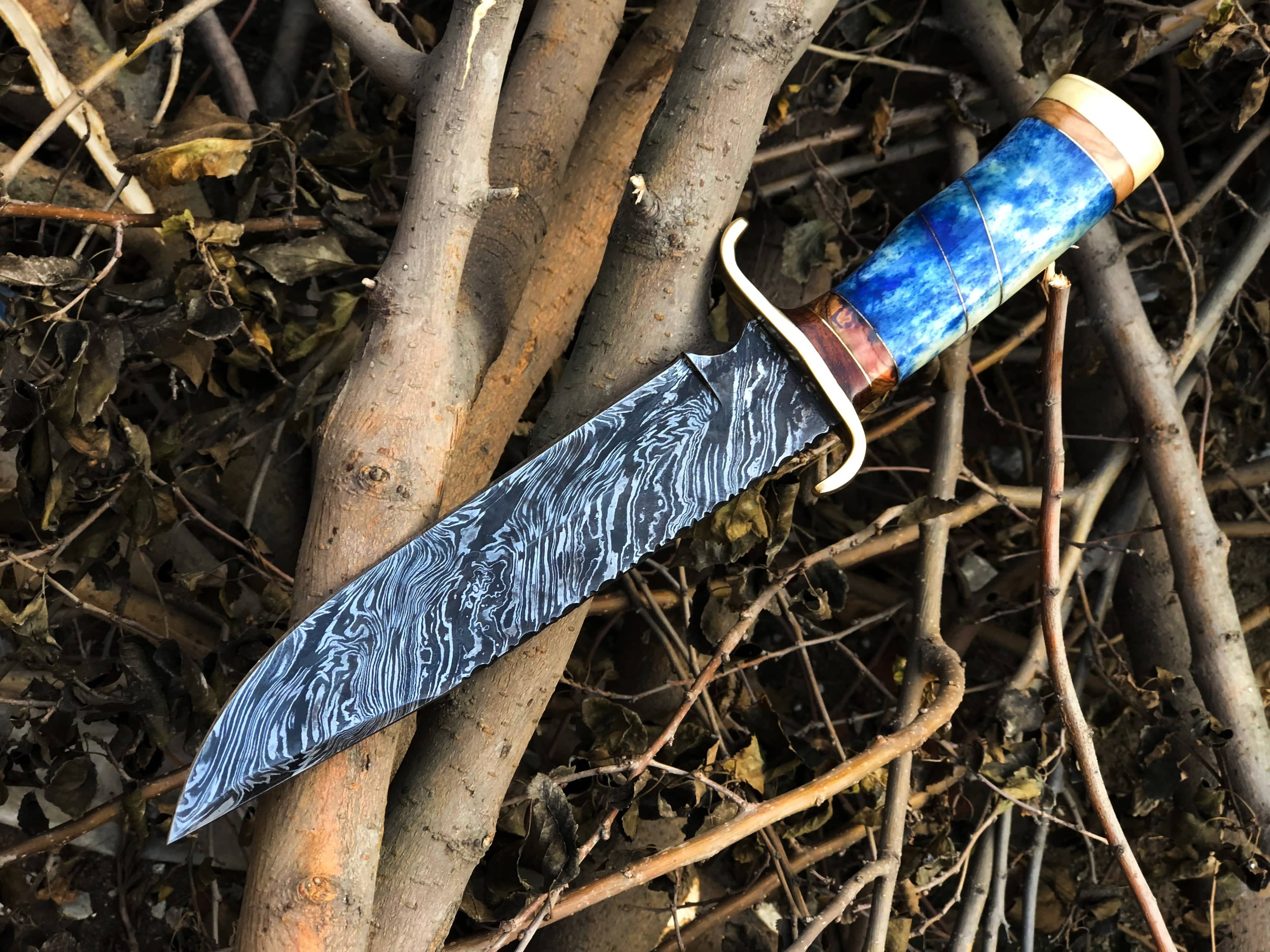 KBS Knives Store Bowie Knives Custom Handcrafted Fire Pattern Damascus Steel Bowie Knife – Buffalo Horn & Olive Wood Handle with Leather Sheath | 13-Inch, Perfect for Hunting – KBS Knives