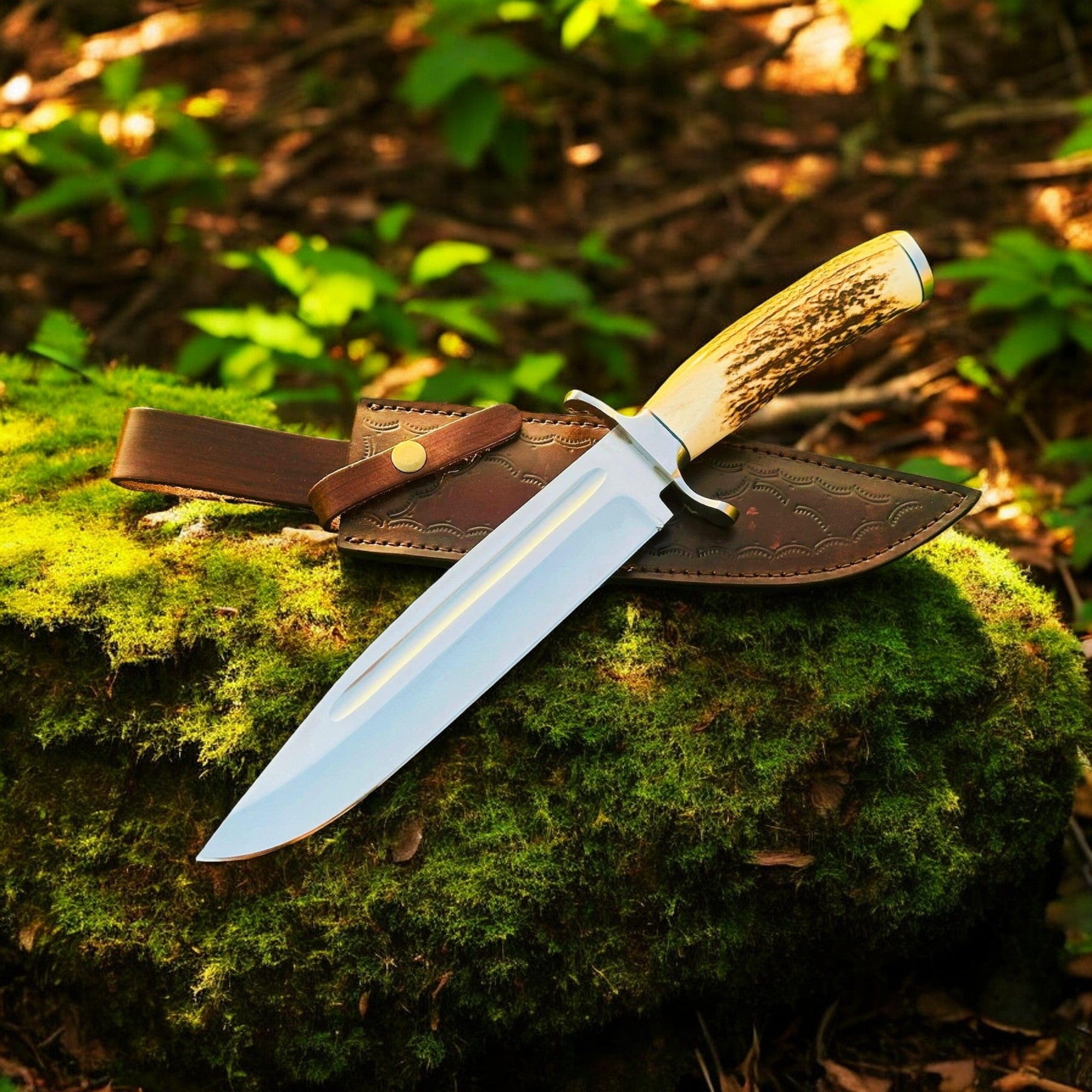 KBS Knives Store Bowie Knives Custom Handmade Bowie Knife – 13" D2 Steel Blade with Antler Horn Handle and Leather Sheath