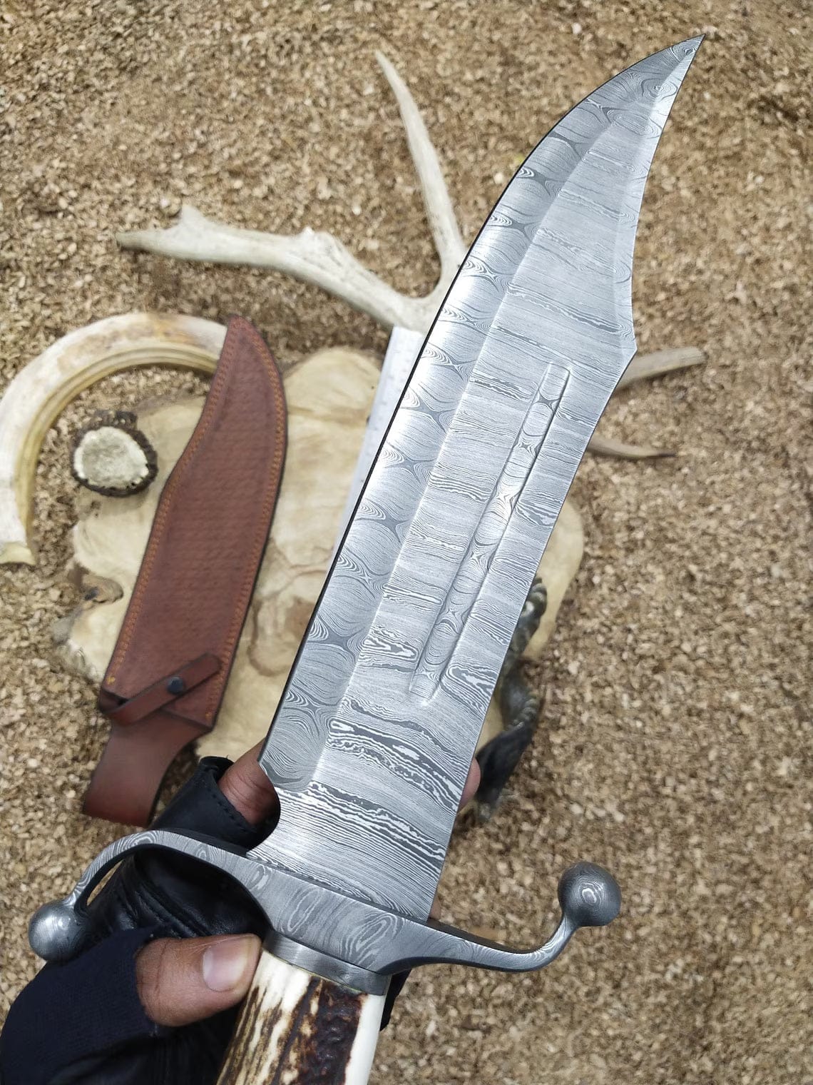 KBS Knives Store Bowie Knives Custom Handmade Bowie Knife with Twisted Damascus Steel Blade and Antler Horn Handle - 15 Inches