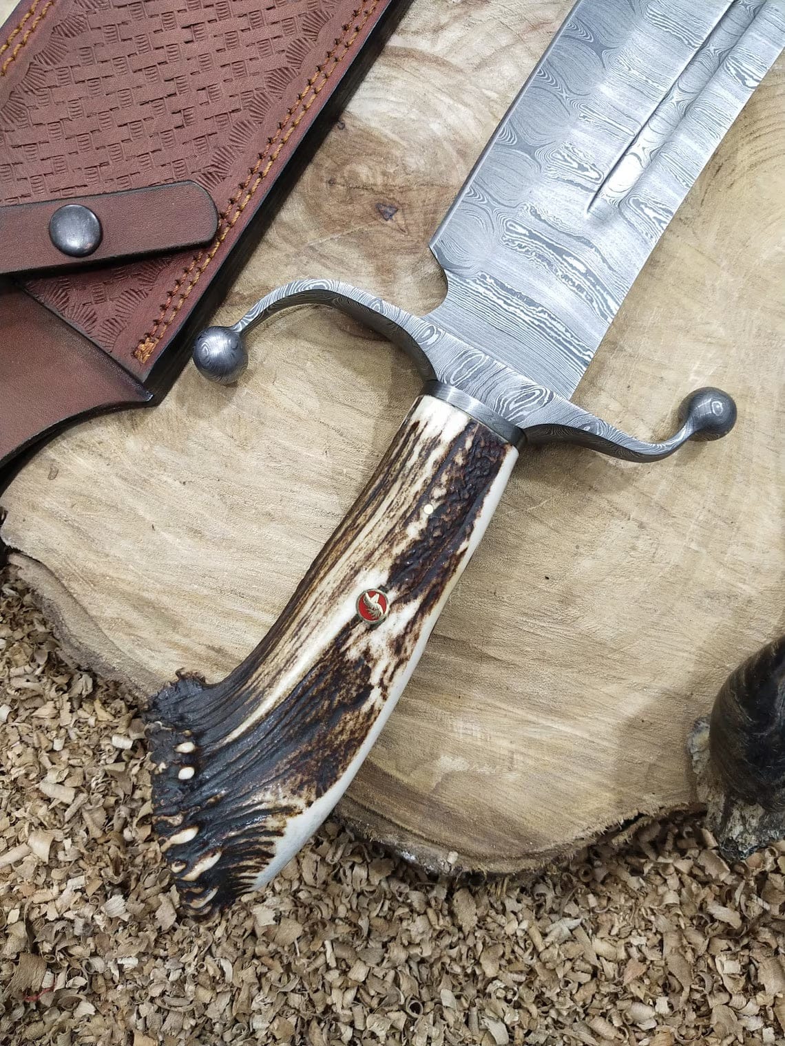 KBS Knives Store Bowie Knives Custom Handmade Bowie Knife with Twisted Damascus Steel Blade and Antler Horn Handle - 15 Inches