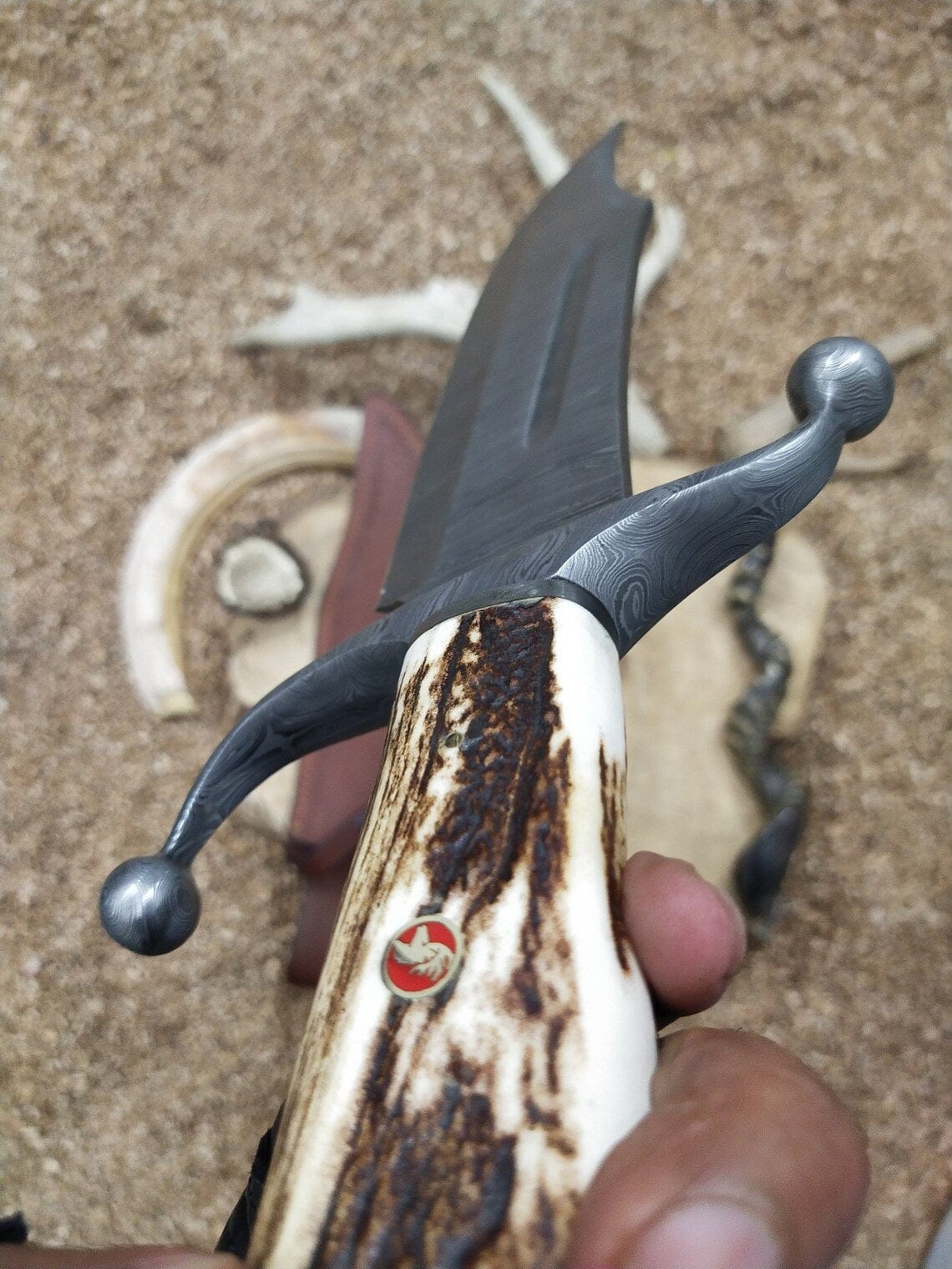 KBS Knives Store Bowie Knives Custom Handmade Bowie Knife with Twisted Damascus Steel Blade and Antler Horn Handle - 15 Inches