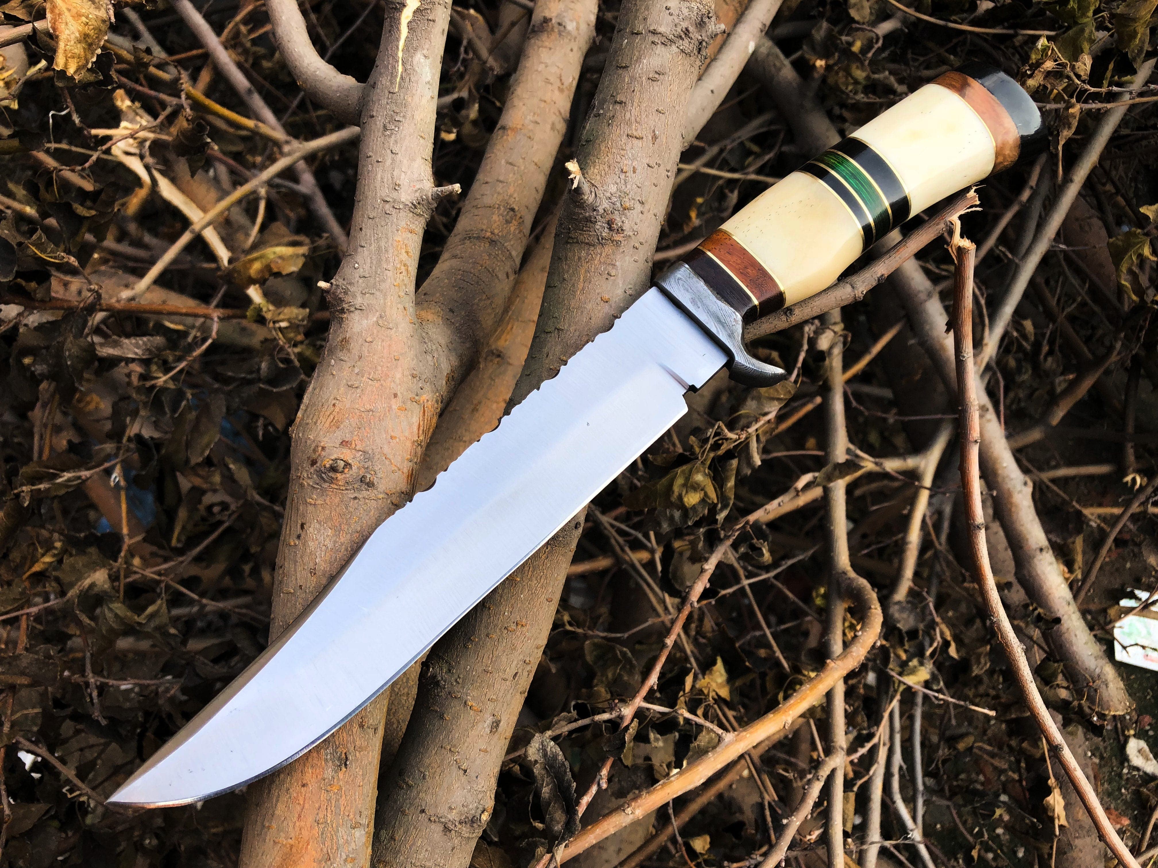 KBS Knives Store Bowie Knives Custom Handmade D2 Steel Bowie Knife – 14-Inch Blade with Bone & Colored Wood Handle, Damascus Guard & Leather Sheath | Perfect for Hunting – KBS Knives