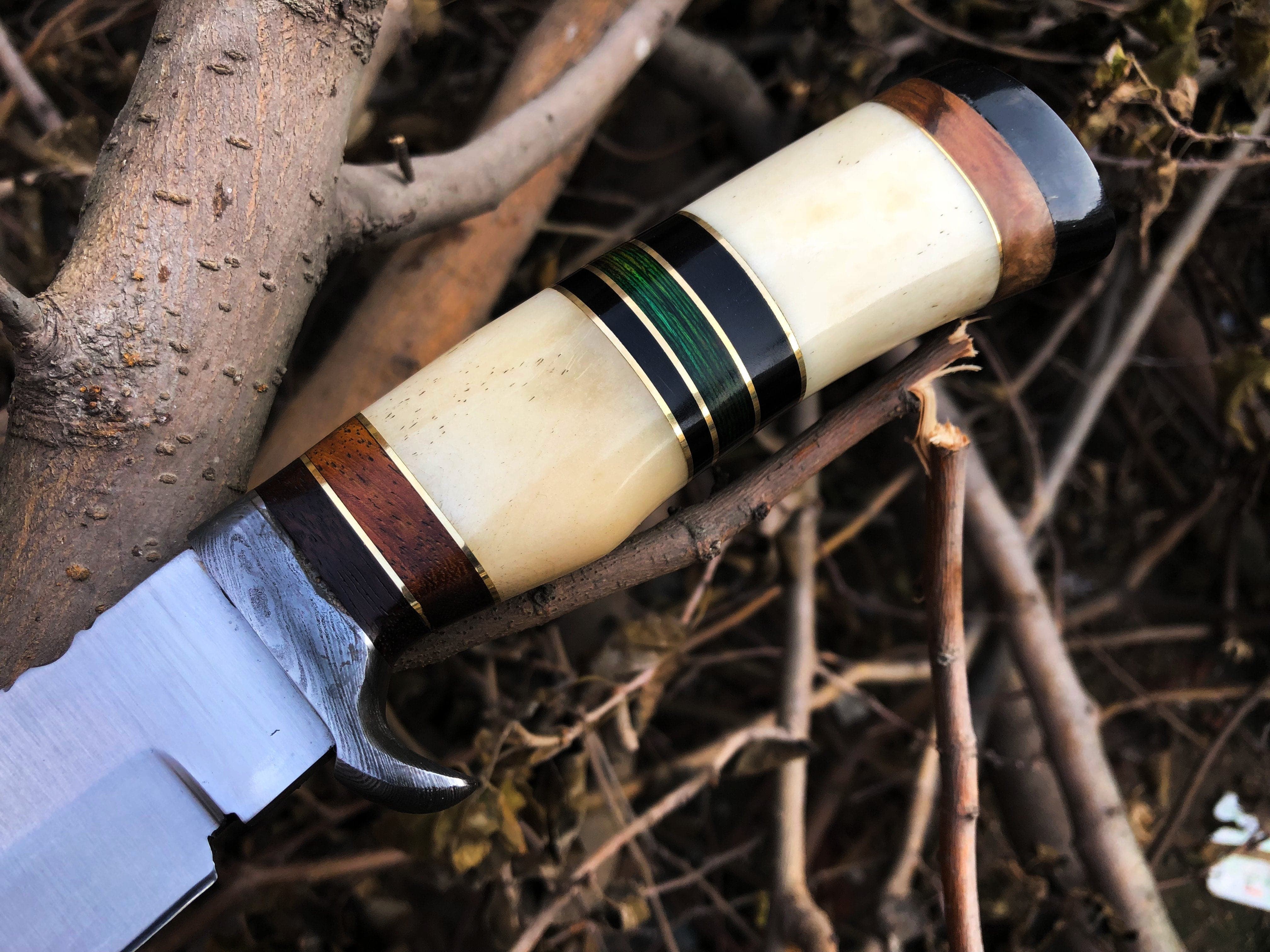KBS Knives Store Bowie Knives Custom Handmade D2 Steel Bowie Knife – 14-Inch Blade with Bone & Colored Wood Handle, Damascus Guard & Leather Sheath | Perfect for Hunting – KBS Knives
