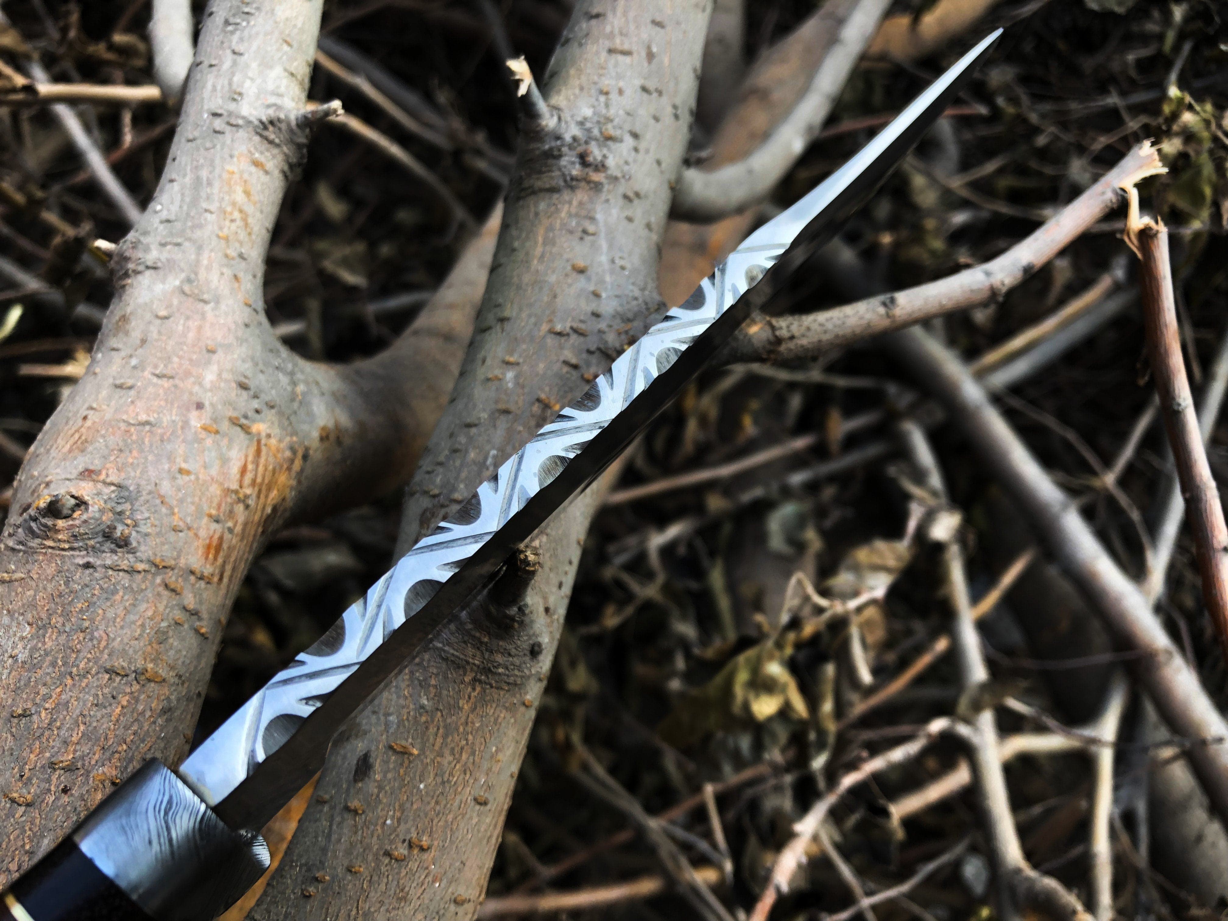 KBS Knives Store Bowie Knives Custom Handmade D2 Steel Bowie Knife – 14-Inch Blade with Bone & Colored Wood Handle, Damascus Guard & Leather Sheath | Perfect for Hunting – KBS Knives