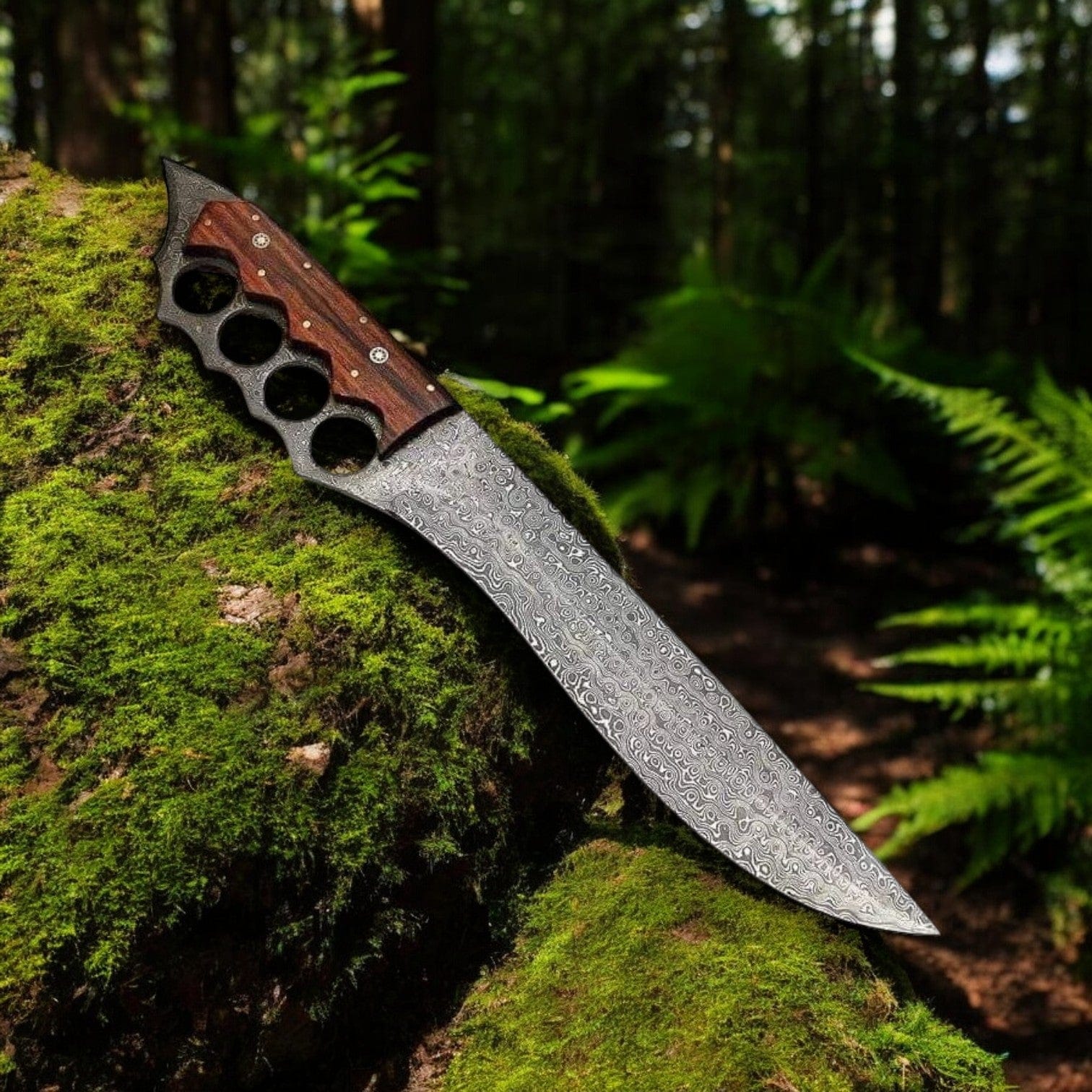 KBS Knives Store Bowie Knives Custom Handmade Damascus Steel Knuckle Knife with Rosewood Handle – 15" with Leather Sheath