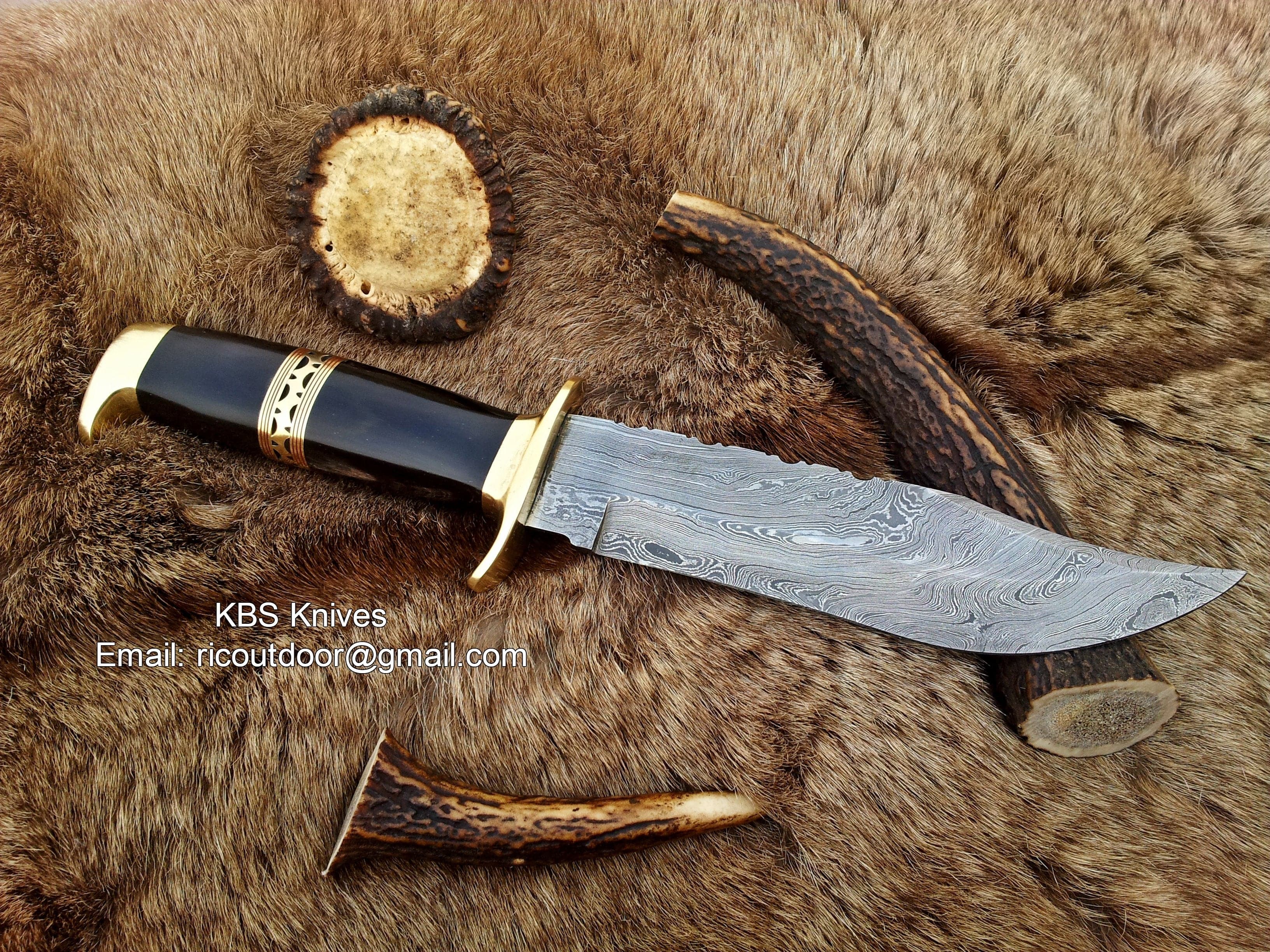KBS Knives Store Bowie Knives Custom Handmade Hunting Bowie Knife with Damascus Steel Blade & Buffalo Horn Handle - 13 Inches