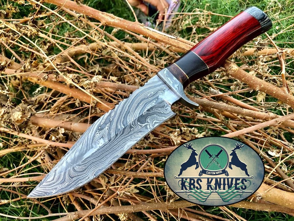 KBS Knives Store Bowie Knives Custom Handmade Original Bowie Knife with Damascus Steel Blade and Colored Wood Handle - 12.5 Inches