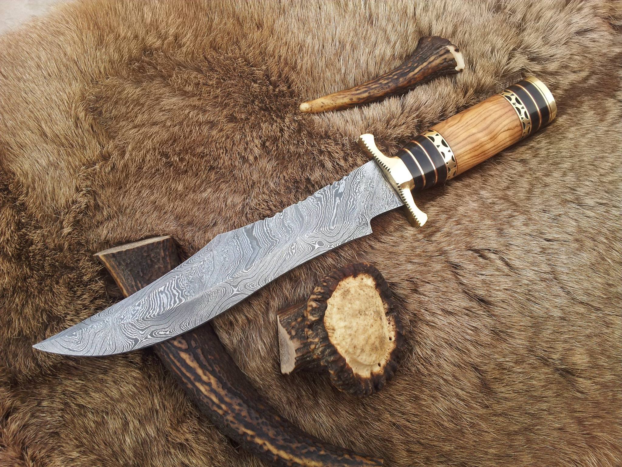KBS Knives Store Bowie Knives Custom Handmade Steelstorm Bowie Knife with Twist Pattern Damascus Steel Blade and Olive Wood Handle - 13 Inches