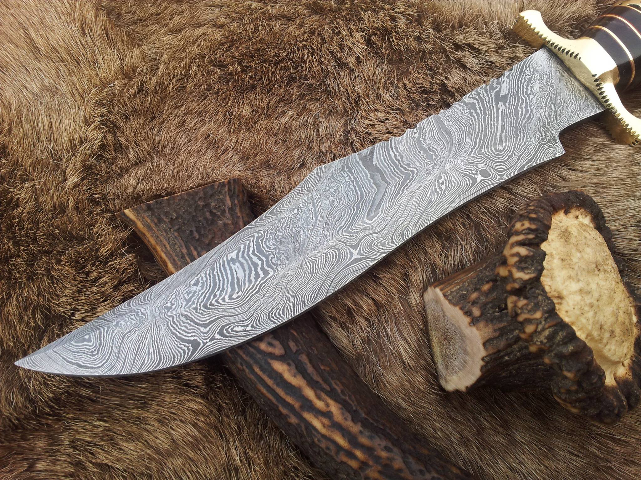 KBS Knives Store Bowie Knives Custom Handmade Steelstorm Bowie Knife with Twist Pattern Damascus Steel Blade and Olive Wood Handle - 13 Inches