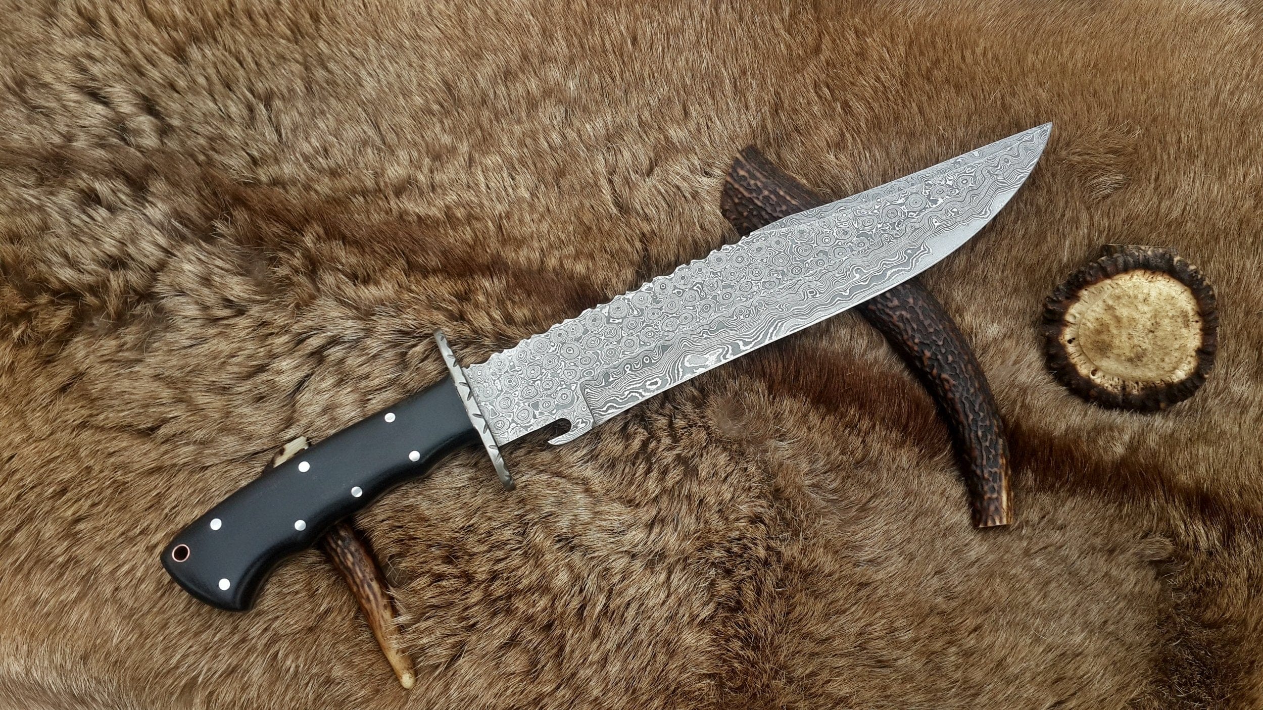 KBS Knives Store Bowie Knives Custom Handmade Wild Pig Hunter Bowie Knife with Raindrops Damascus Steel Blade and Black Micarta Handle - 16 Inches