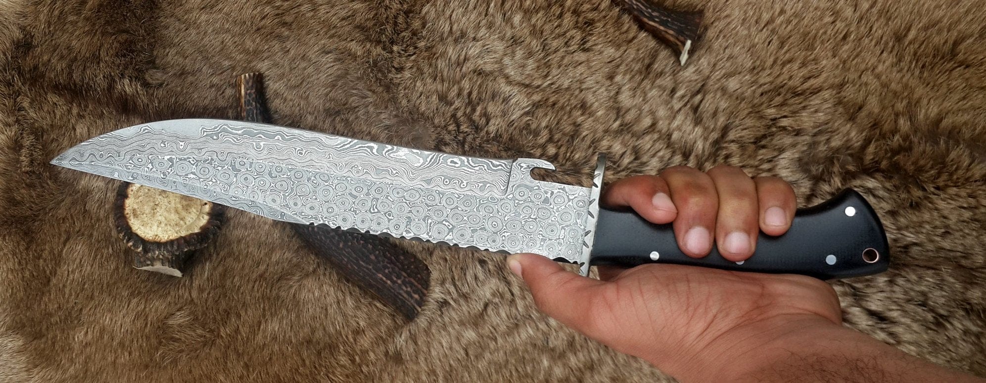 KBS Knives Store Bowie Knives Custom Handmade Wild Pig Hunter Bowie Knife with Raindrops Damascus Steel Blade and Black Micarta Handle - 16 Inches