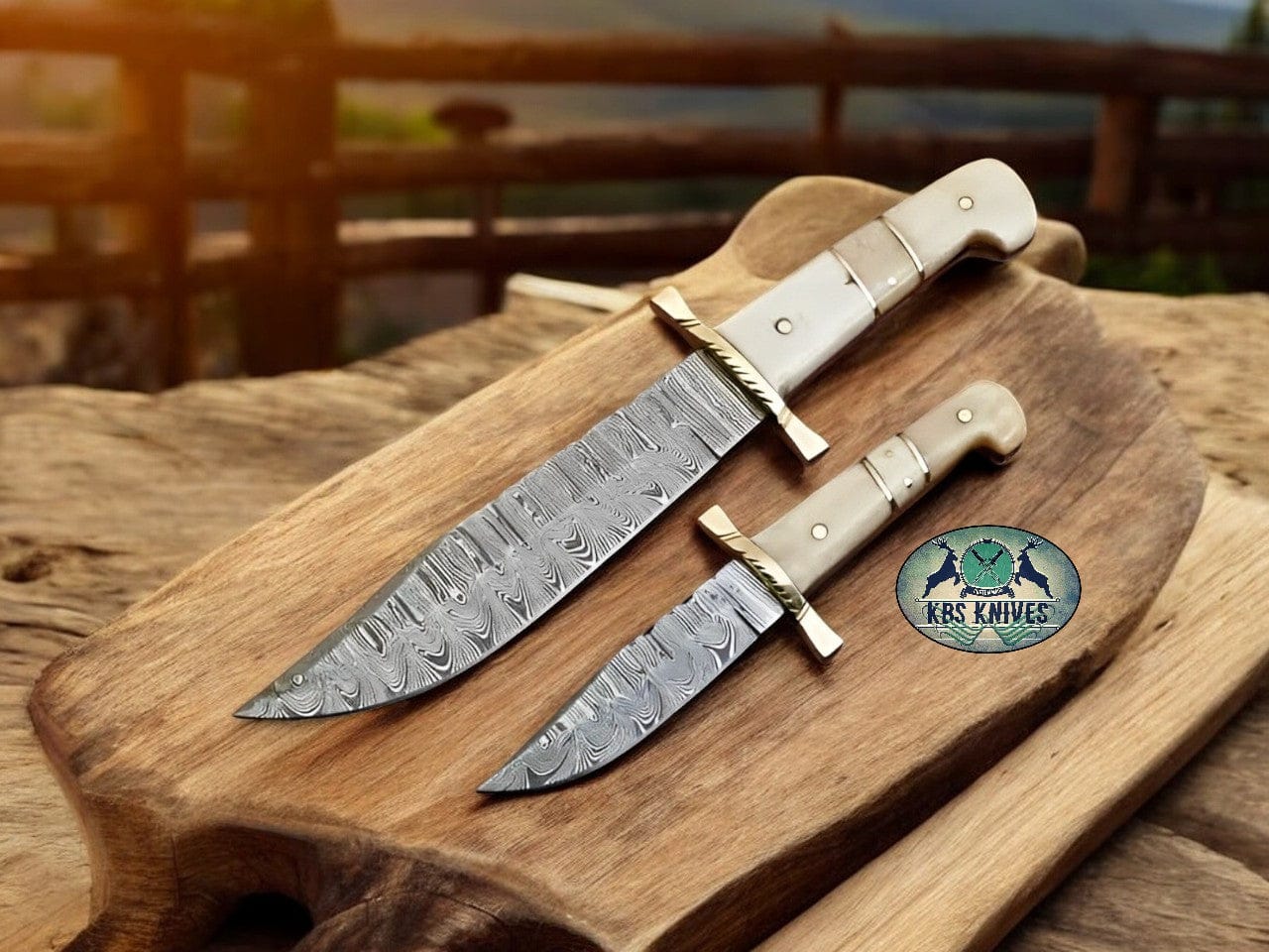 KBS Knives Store Bowie Knives Custom Western Bowie Knife Set – Damascus Steel, Bone Handle