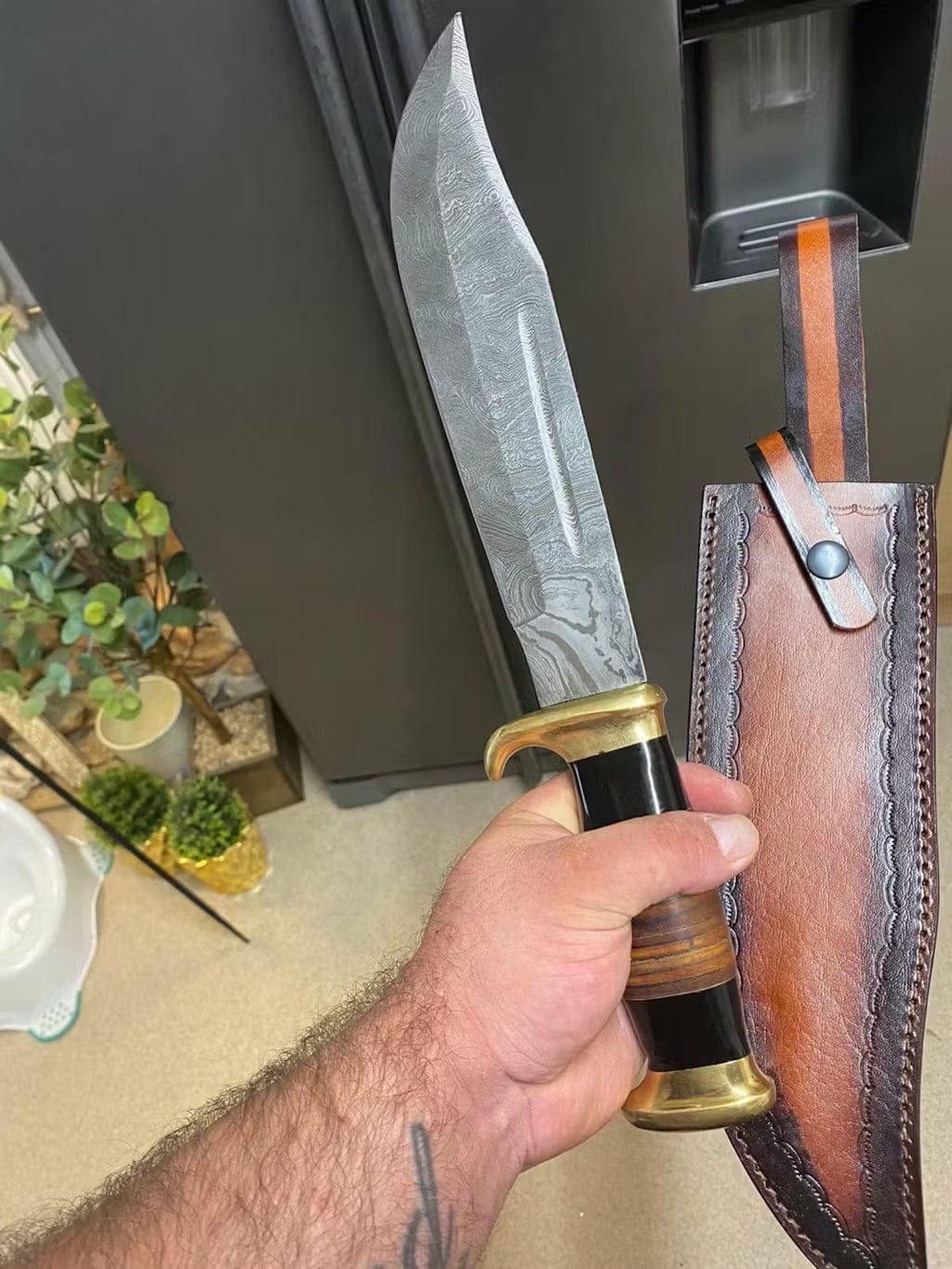 KBS Knives Store Bowie Knives Damascus Steel Crocodile Dundee Knife – 16"  Custom Handmade with Blood Groove & Stacked Leather Handle