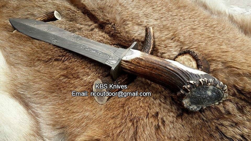 KBS Knives Store Bowie Knives Double Edge Hunter Big Bowie Knife - Custom Handcrafted Damascus Steel Blade, Stag Horn Crown Handle with Damascus Guard, 17.5" Overall Length | Leather Sheath | KBS Knives