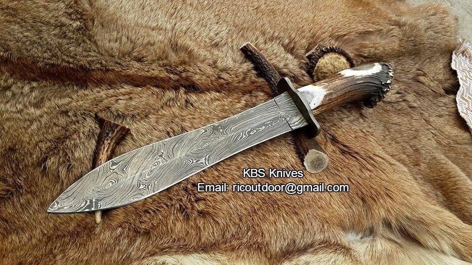 KBS Knives Store Bowie Knives Double Edge Hunter Big Bowie Knife - Custom Handcrafted Damascus Steel Blade, Stag Horn Crown Handle with Damascus Guard, 17.5" Overall Length | Leather Sheath | KBS Knives