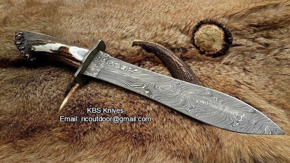 KBS Knives Store Bowie Knives Double Edge Hunter Big Bowie Knife - Custom Handcrafted Damascus Steel Blade, Stag Horn Crown Handle with Damascus Guard, 17.5" Overall Length | Leather Sheath | KBS Knives