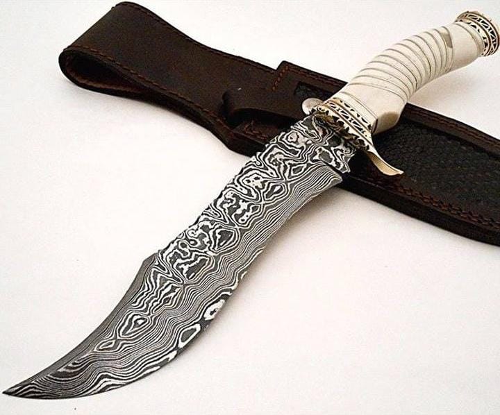 KBS Knives Store Bowie Knives Fancy Bowie Knife - Custom Handcrafted Damascus Steel Blade, Bone Handle with Brass Guard and Spacers, 15" Overall Length | Leather Sheath | KBS Knives
