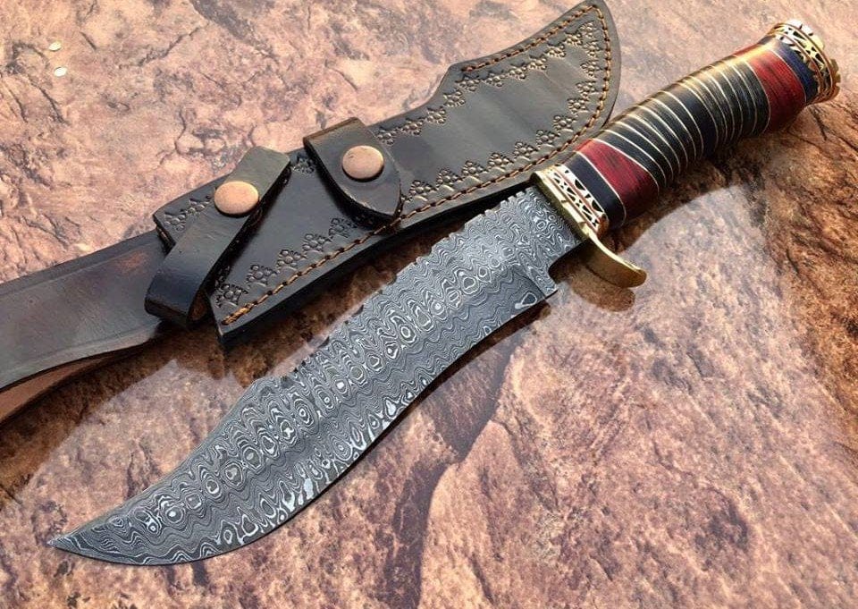 KBS Knives Store Bowie Knives Fancy Bowie Knife - Custom Handcrafted Damascus Steel Blade, Colored Woods Handle, Brass Spacers and Guard, 15" Overall Length | Leather Sheath | KBS Knives