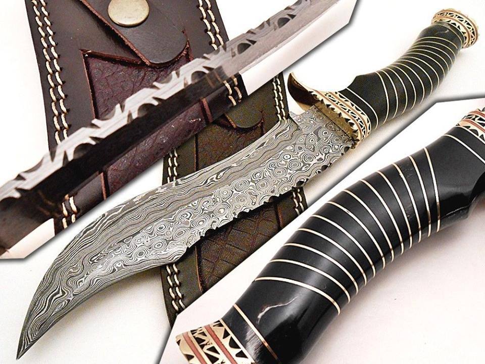 KBS Knives Store Bowie Knives Fancy Bowie Knife - Custom Handcrafted Damascus Steel Blade, Natural Buffalo Horn Handle with Brass Guard and Spacers, 15" Overall Length | Leather Sheath | KBS Knives